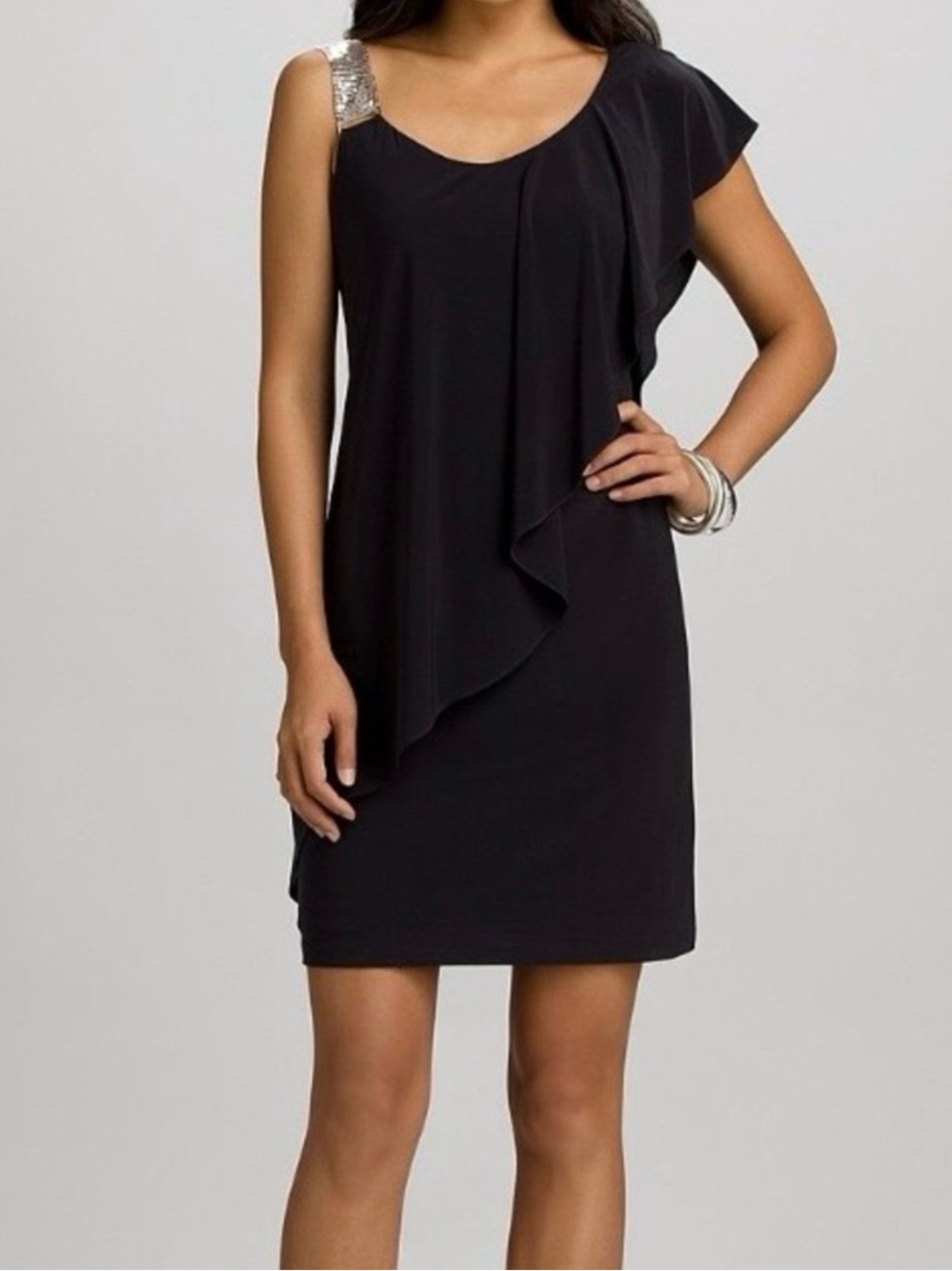 Chelsea Suite 18 Black Rhinestone sparkling One-Shoulder Layered Evening Dress